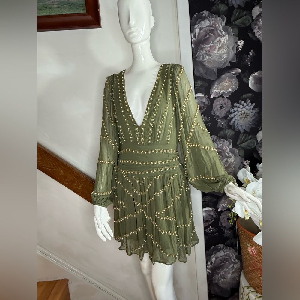 Free People JEN'S PIRATE BOOTY Olive Green Beaded V-Neck Mini Dress - Picture 8 of 11